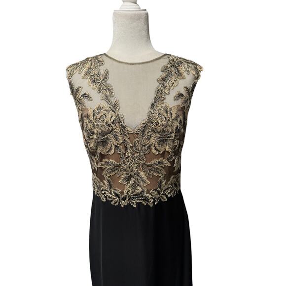 Tadashi Shoji Amel Evening Gown Black & Gold Embroidered Mesh Illusion Size 10 - Picture 5 of 8